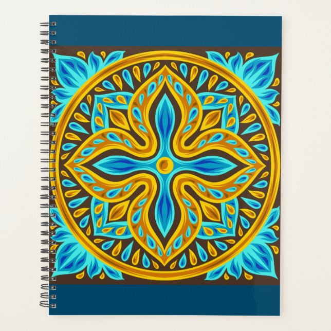 Mediterranean Moroccan Tile Pattern Blue and Gold Planner (Front)