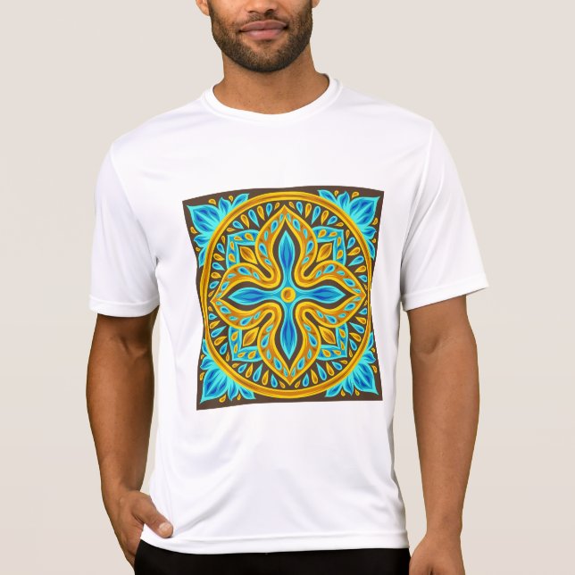 Mediterranean Moroccan Tile Pattern Blue and Gold T-Shirt (Front)