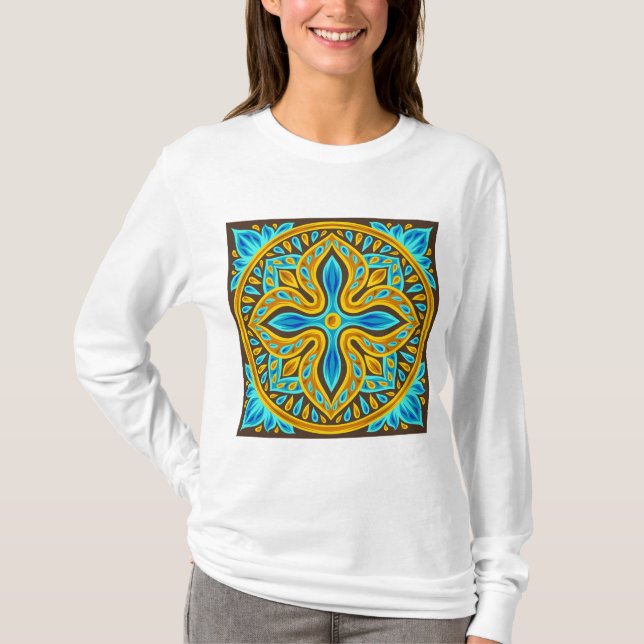 Mediterranean Moroccan Tile Pattern Blue and Gold T-Shirt (Front)