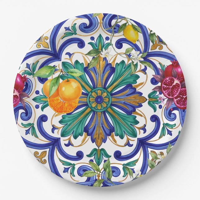 Mediterranean Mosaic lemon fruit  Paper Plate (Front)