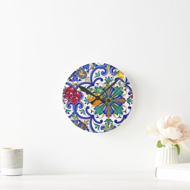 Mediterranean Mosaic lemon fruit  Round Clock (Home)