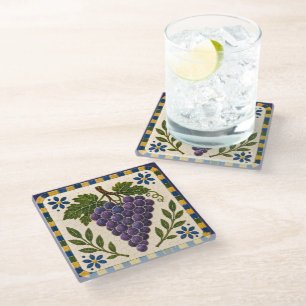 Mediterranean Mosaic Purple Grape Vine Art Glass Coaster