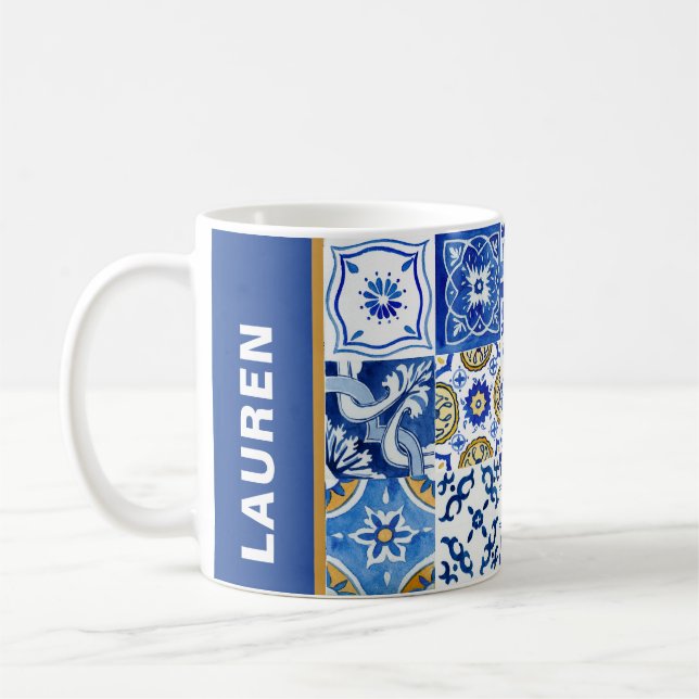 Mediterranean Name Blue, White, Yellow Watercolor  Coffee Mug (Left)