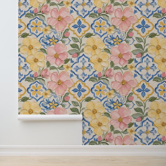 Mediterranean Oil Paint Floral Tile Pattern Wallpaper (Application)