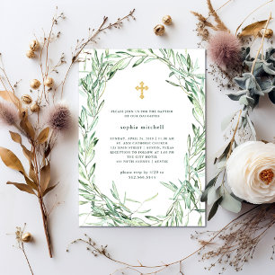 Mediterranean Olive Branches   Watercolor Baptism Invitation