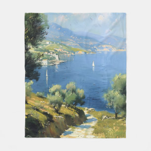 Mediterranean Olive Grove by the Sea Fleece Blanket