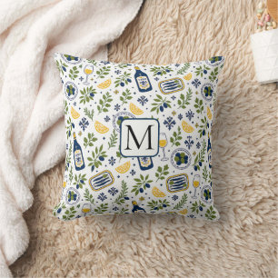 Mediterranean Olive Wine Lemon Pattern Monogram Cushion
