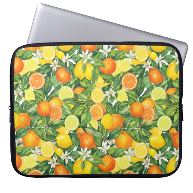 Mediterranean Orchard Watercolor Citrus Pattern Laptop Sleeve (Front)