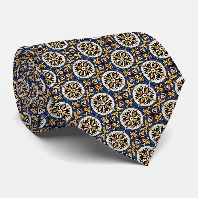 Mediterranean Pattern Deep Indigo, Gold, Ochre... Tie (Rolled)