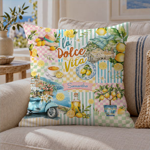 Mediterranean pink Turquoise Citrus Collage Cushion