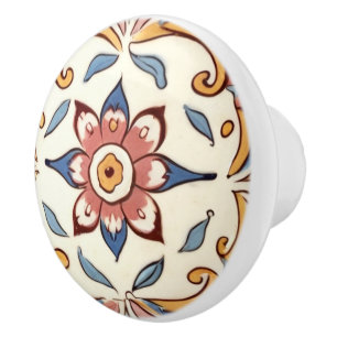 Mediterranean Pink Yellow Blue Flower Floral Ceramic Knob