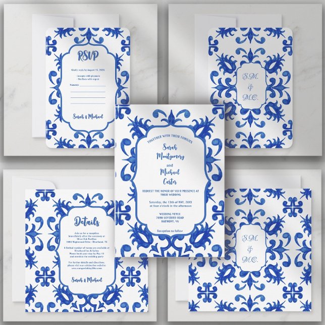 Mediterranean Portuguese Blue Tile Detail Save The Date (Portuguese Tile Botanical Blue, Lisbon Azulejo Coastal Style, Indigo Blue Tile Art, Portuguese ,)
