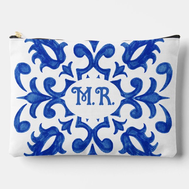 Mediterranean Portuguese Blue Tile Monogram Accessory Pouch (Front)