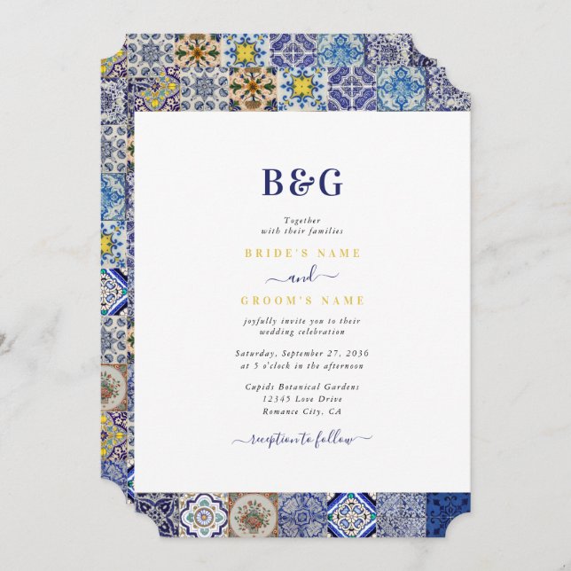 Mediterranean Portuguese Tiles Pattern Wedding Invitation (Front/Back)