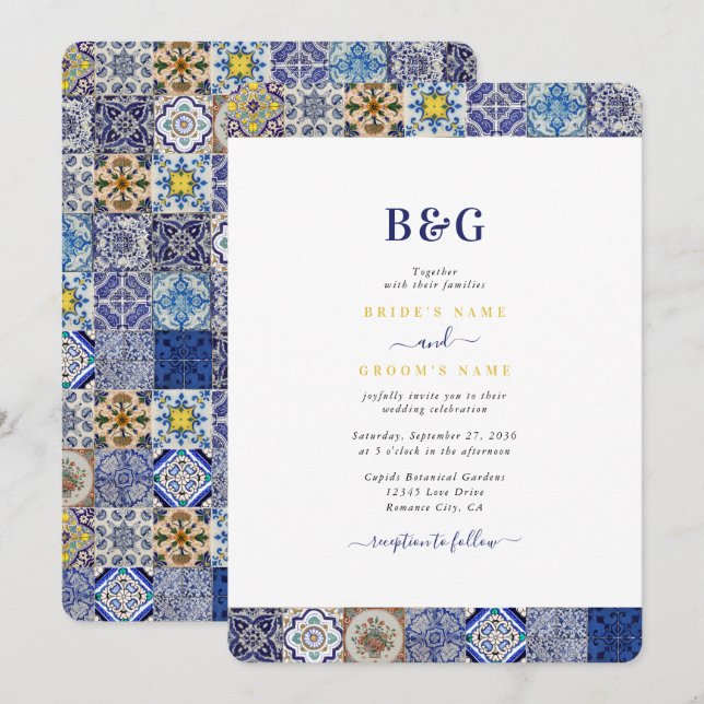 Mediterranean Portuguese Tiles Pattern Wedding Invitation (Front/Back)