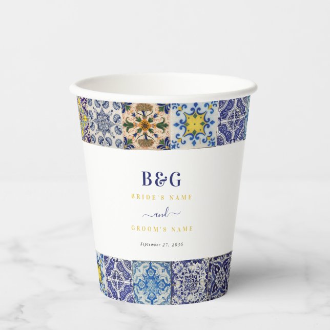 Mediterranean Portuguese Tiles Pattern Wedding Paper Cups (Front)