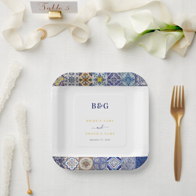 Mediterranean Portuguese Tiles Pattern Wedding Paper Plate (Wedding)