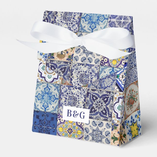 Mediterranean Portuguese Tiles Wedding Favour Box (Front Side)
