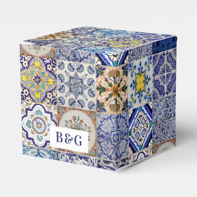 Mediterranean Portuguese Tiles Wedding Favour Box (Front Side)