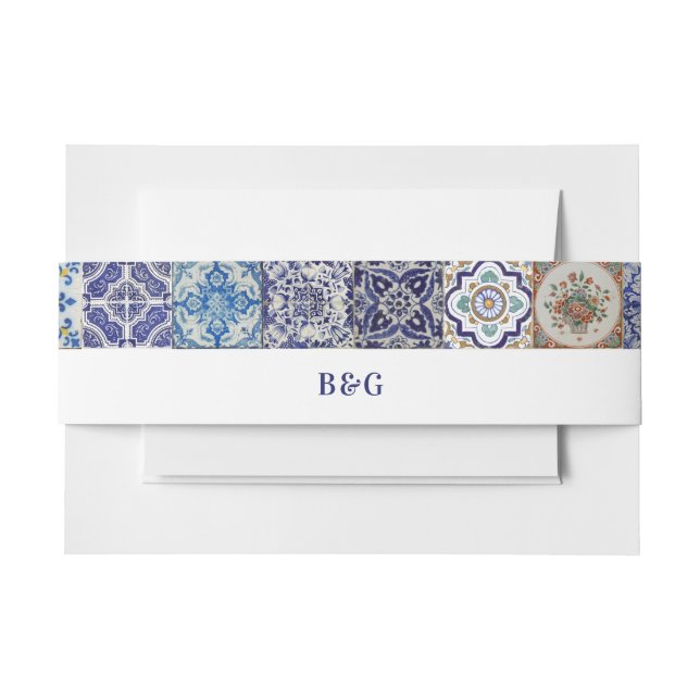 Mediterranean Portuguese Tiles Wedding Favour Invitation Belly Band (Front Example)