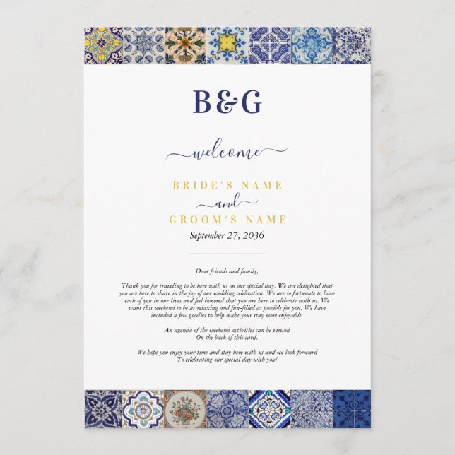 Mediterranean Portuguese Tiles Wedding Itinerary Programme (Front)
