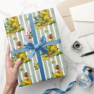 Mediterranean Sage Green Stripe Pattern Olive Oil Wrapping Paper