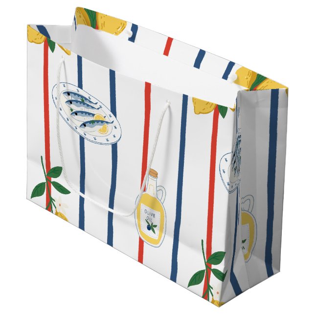 Mediterranean Sardines and Lemons Pattern Large Gift Bag (Front Angled)