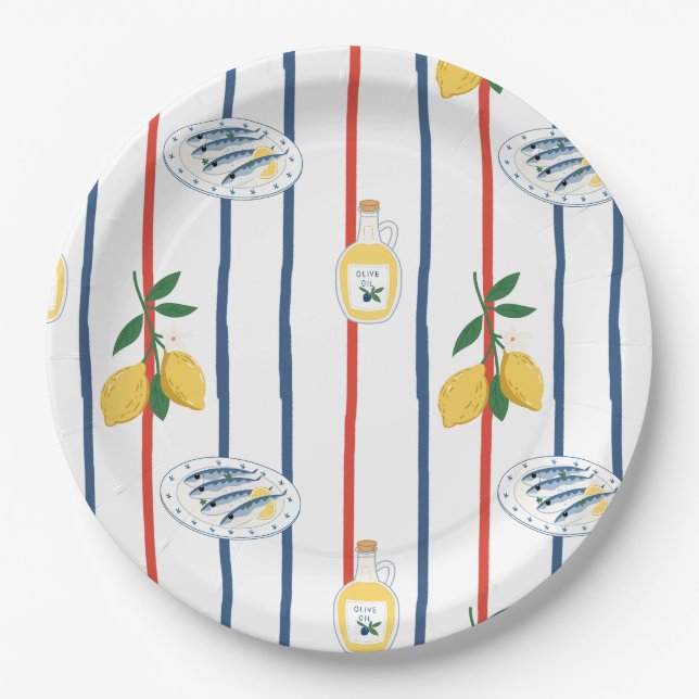 Mediterranean Sardines and Lemons Pattern Paper Plate (Front)