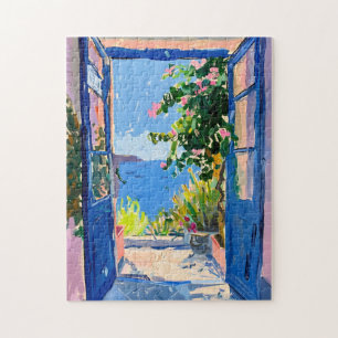 Mediterranean Sea View With Bougainvillea Jigsaw Puzzle