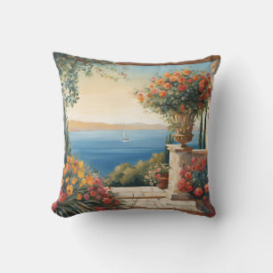 Mediterranean Sea View With Flowers Cushion
