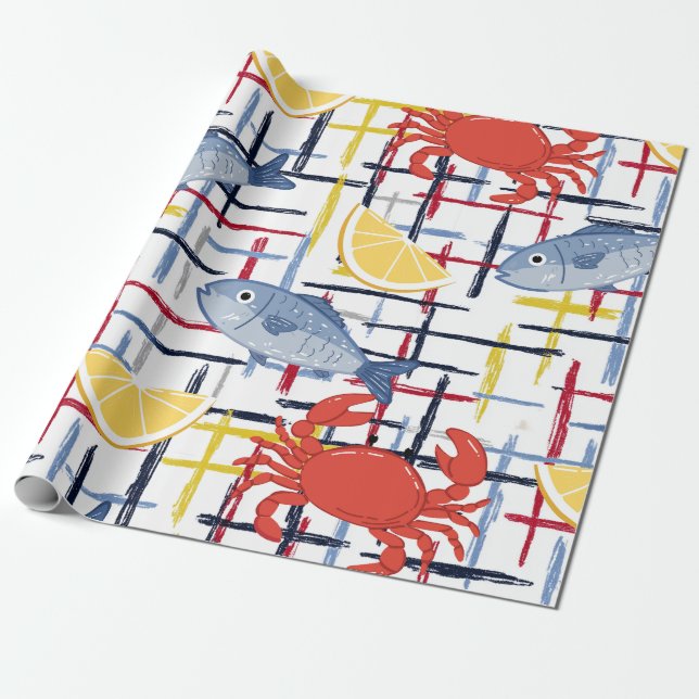Mediterranean Seafood Market Pattern (1) Wrapping Paper (Unrolled)