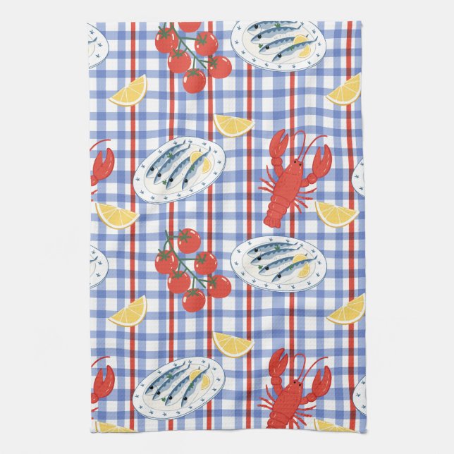 Mediterranean Seafood Market Pattern (3) Tea Towel (Vertical)