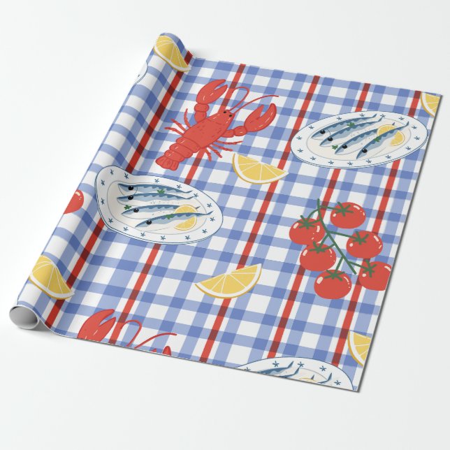 Mediterranean Seafood Market Pattern (3) Wrapping Paper (Unrolled)