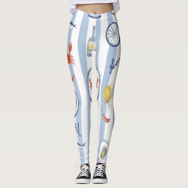 Mediterranean Seafood Sardine Blue Stripe Pattern Leggings (Front)