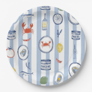 Mediterranean Seafood Sardine Blue Stripe Pattern Paper Plate