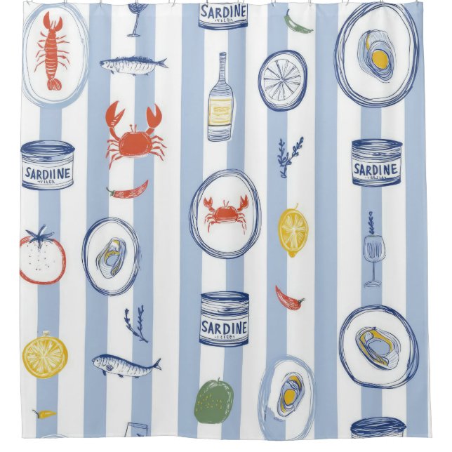 Mediterranean Seafood Sardine Blue Stripe Pattern Shower Curtain (Front)