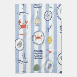 Mediterranean Seafood Sardine Blue Stripe Pattern Tea Towel