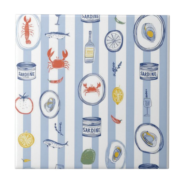 Mediterranean Seafood Sardine Blue Stripe Pattern Tile (Front)