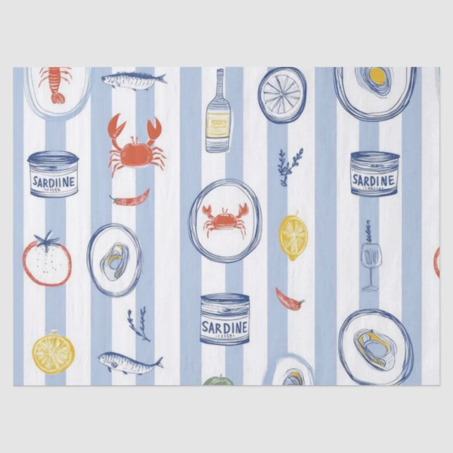 Mediterranean Seafood Sardine Blue Stripe Pattern Tissue Paper (Front)