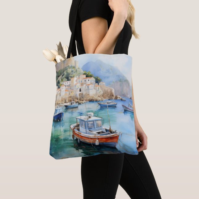 Mediterranean Seascapes Oil Paint Design Tote Bag (Close Up)