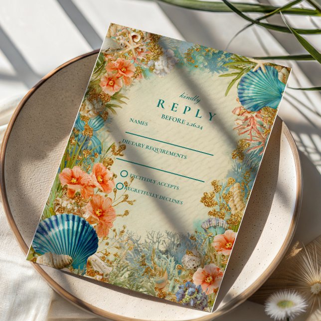 Mediterranean Seashell Elegance Wedding RSVP Card (Creator Uploaded)