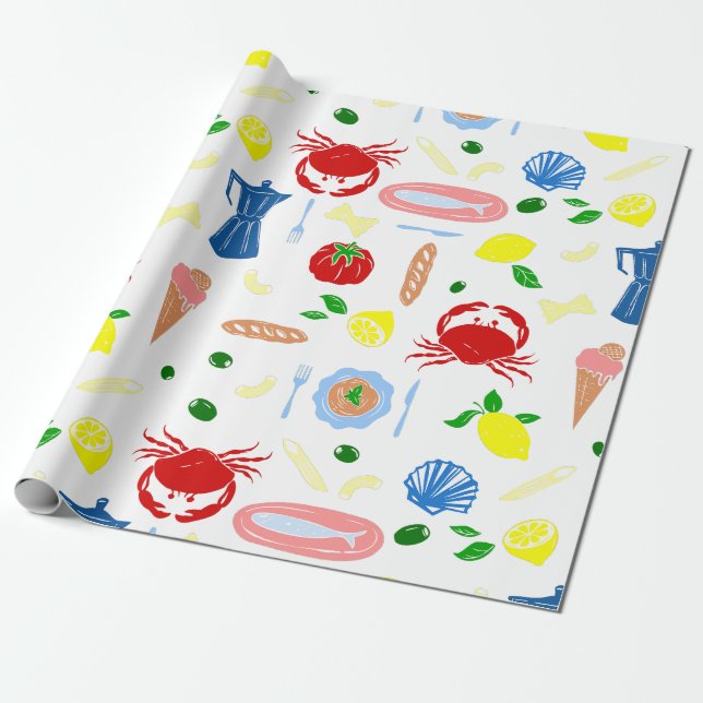 mediterranean seaside picnic seafood crab wrapping paper (Unrolled)