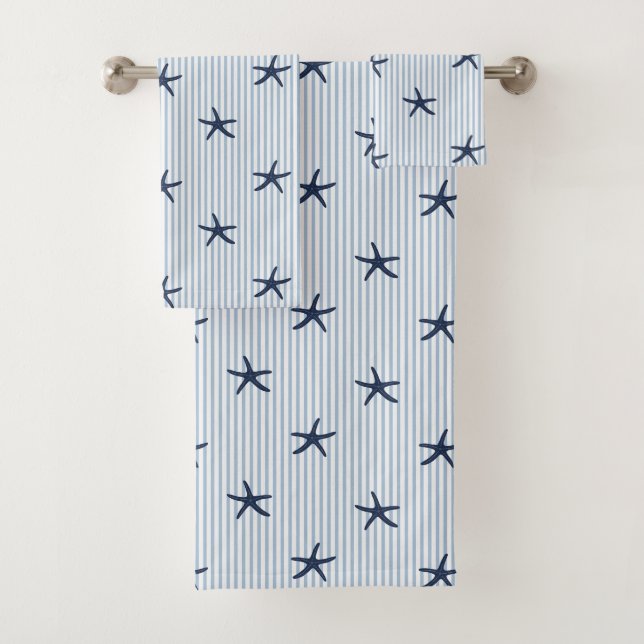 Mediterranean Seaside Starfish Stripe Coastal Navy Bath Towel Set (Insitu)