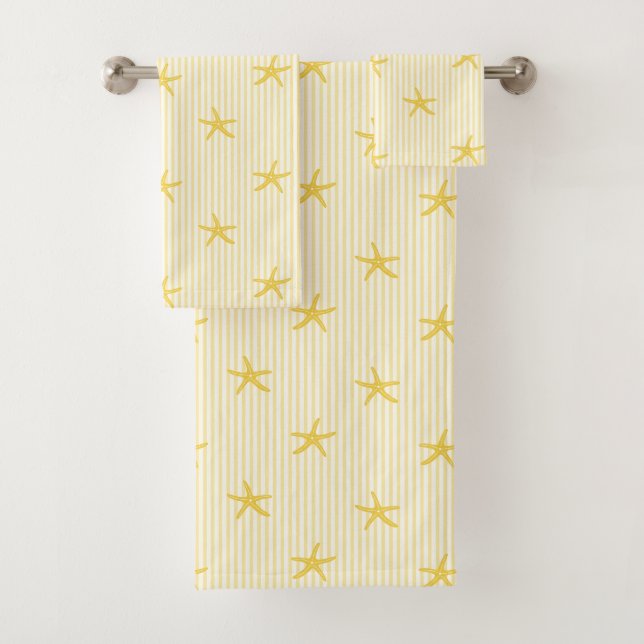 Mediterranean Seaside Starfish Stripe Lemon Yellow Bath Towel Set (Insitu)