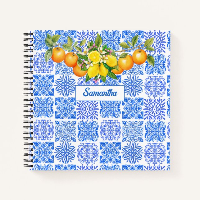 Mediterranean Sicilian Blue Yellow Citrus Azulejo Notebook (Front)