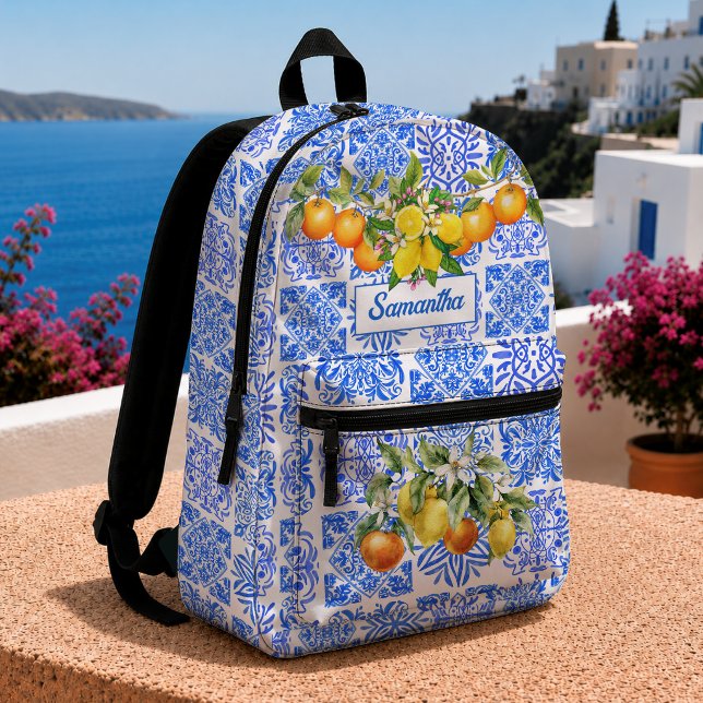 Mediterranean Sicilian Blue Yellow Citrus Azulejo Printed Backpack (Creator Uploaded)