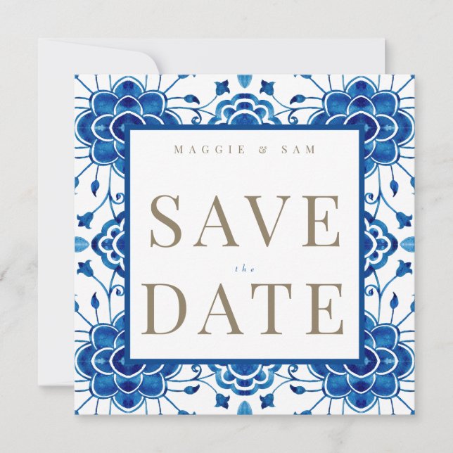 Mediterranean Square Blue Wedding Save the Date  (Front)