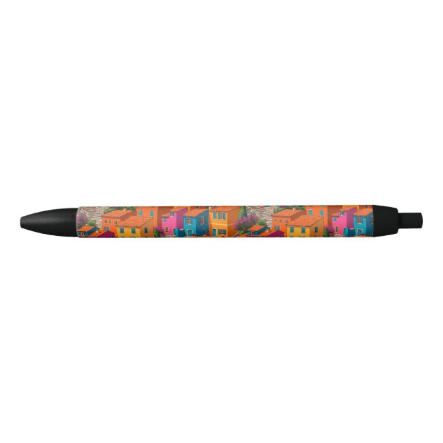 Mediterranean Streets — Colorful Houses Pattern Black Ink Pen (Front)