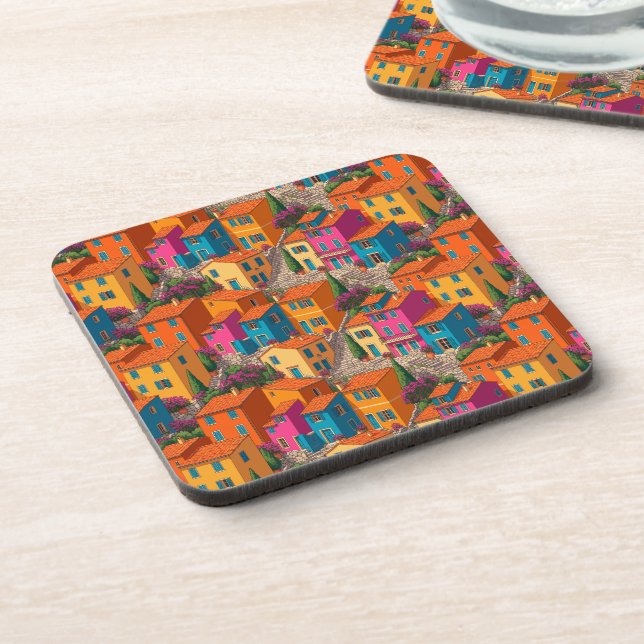 Mediterranean Streets — Colorful Houses Pattern Coaster (Left Side)