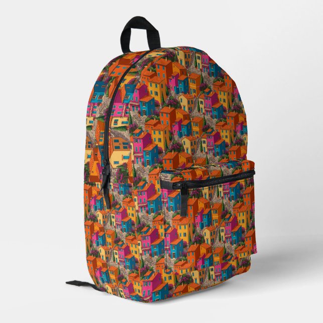 Mediterranean Streets — Colorful Houses Pattern Printed Backpack (Back Corner Left)